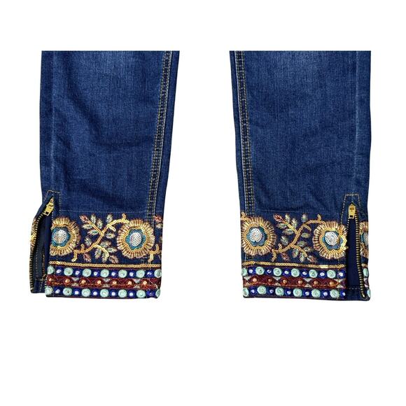 DESIGUAL Exotic Sequin Embroidered Metallic Floral Zip Ankle Skinny Jeans Sz 24 - Picture 4 of 11